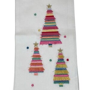 World Market Rainbow Christmas Trees Embroidered Fringe Kitchen Towel White NWT